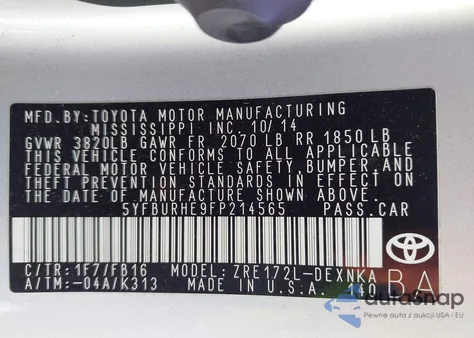 2015 Toyota Corolla Le Plus из США, поврежденный, VIN 5YFBURHE9FP214565